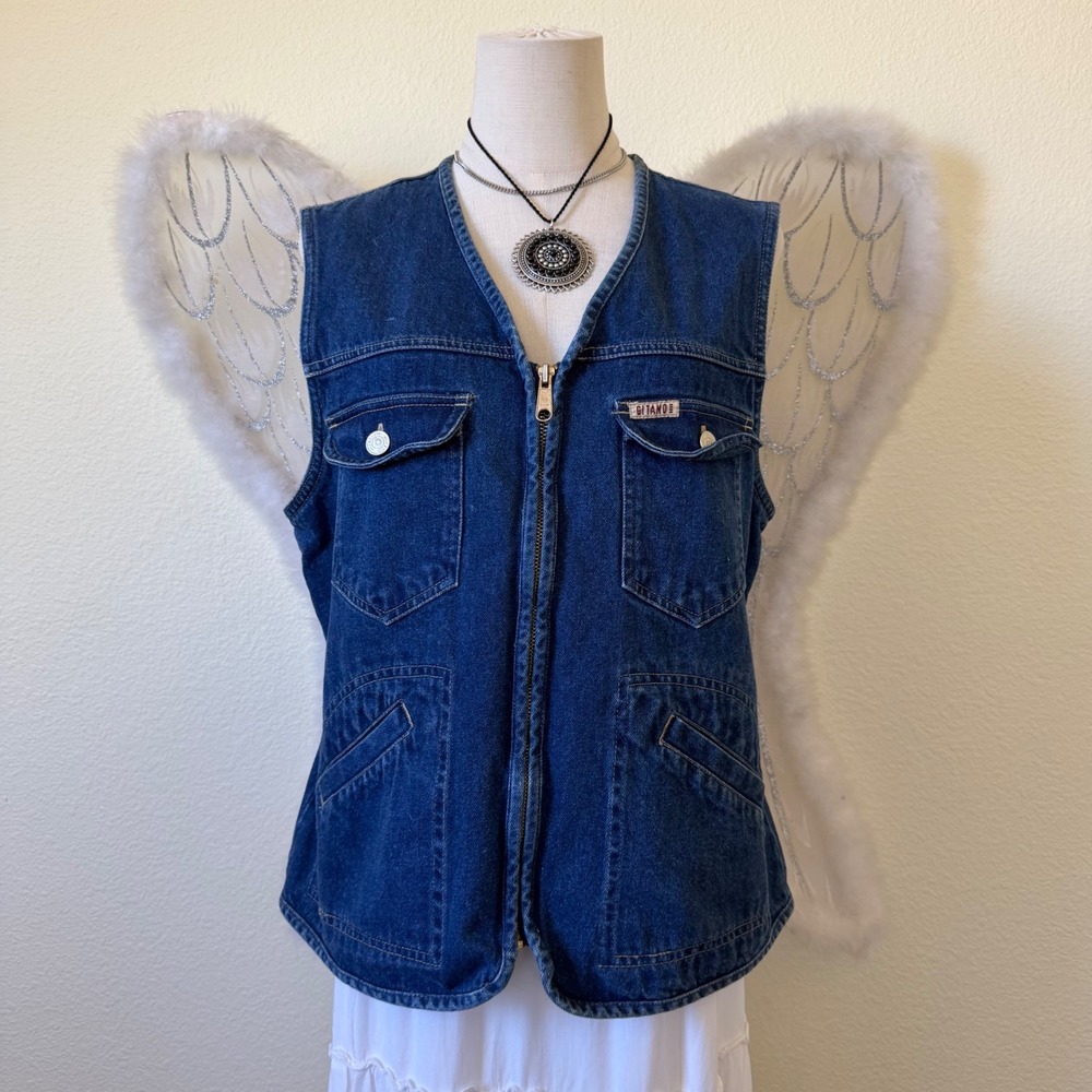 90s Vintage Blue Denim Zip Up Vest Utility Pockets Cotton Safari Y2K V‎ Neck